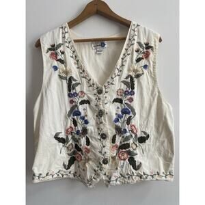 Vintage Hand Embroidered Floral Gold Button Vest Size Large